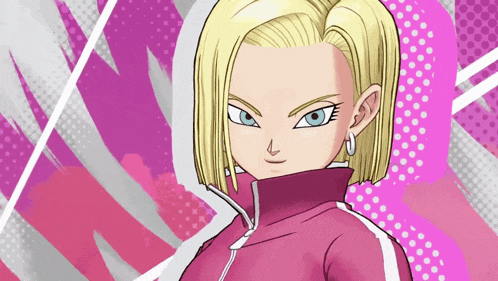a cartoon character with blonde hair and blue eyes wearing a pink jacket