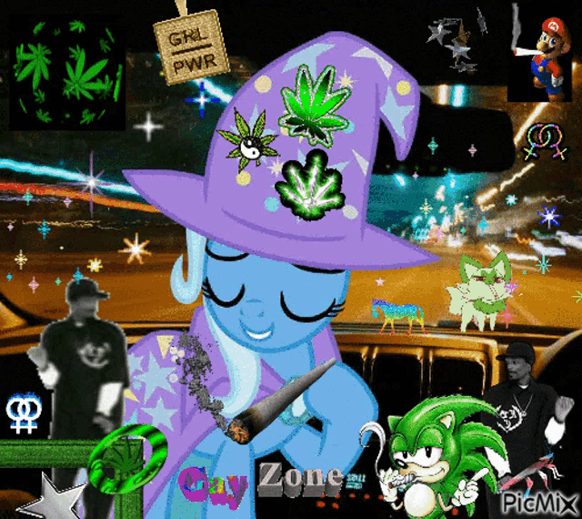 a cartoon of a girl in a purple hat with a marijuana leaf on her hat