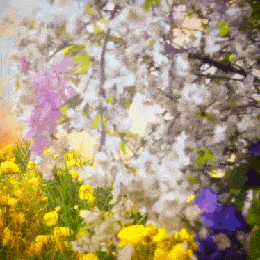 a painting of a field of flowers with a tree in the background