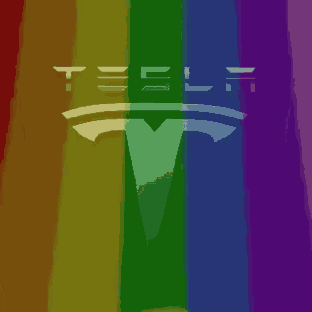a tesla logo is on a rainbow background