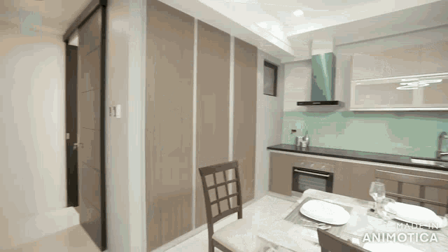 a kitchen with a table and chairs and the words made in animatica