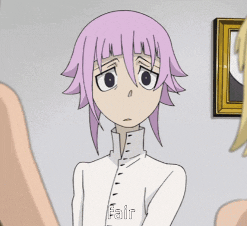 a cartoon character with pink hair and the word fair on her chest