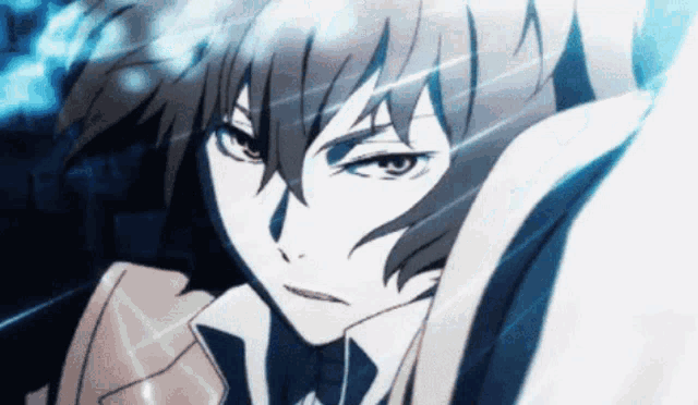 a close up of a anime character 's face with a blue light behind him