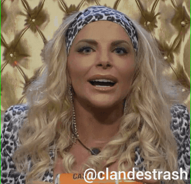 a woman wearing a headband and a leopard print shirt has the hashtag @clandestrash on the bottom