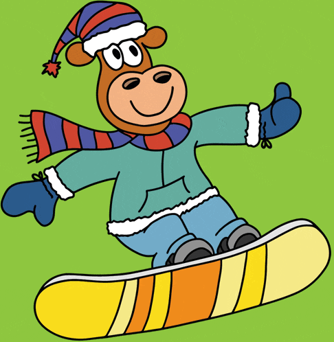 a cow wearing a hat and scarf is riding a snowboard and giving a thumbs up