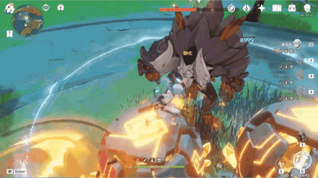 a screenshot of a video game shows a monster with 9999 hp