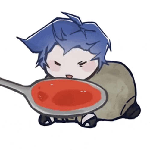 a drawing of a person with blue hair holding a spoon full of red liquid