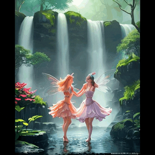 two fairies are standing in front of a waterfall and holding hands