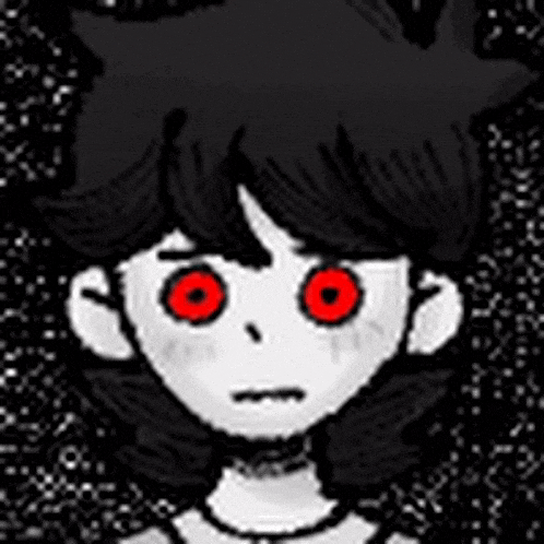 a cartoon character with red eyes and black hair is looking at the camera .