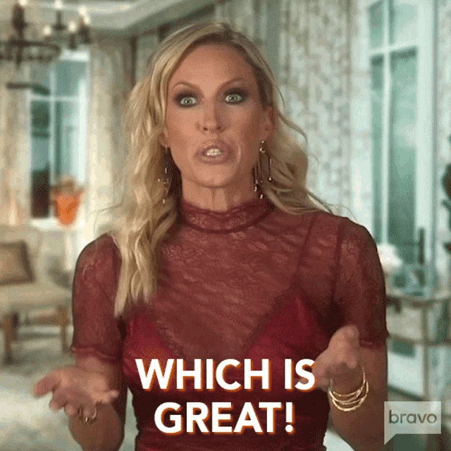 a woman in a red top says which is great on her shirt