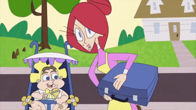 a cartoon of a woman pushing a baby in a stroller while holding a suitcase