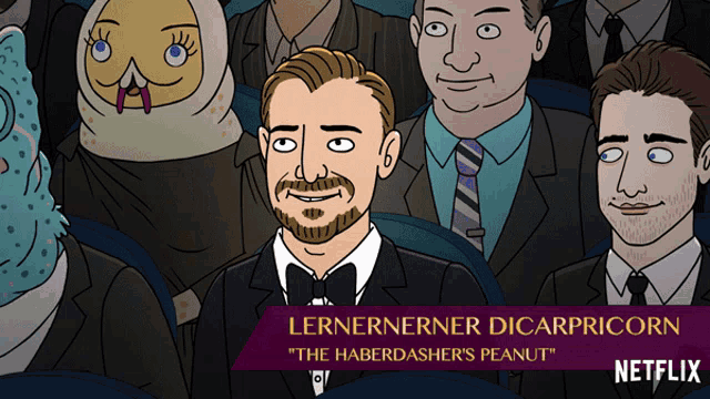 a cartoon of lernerner dicaprior sitting in a crowd