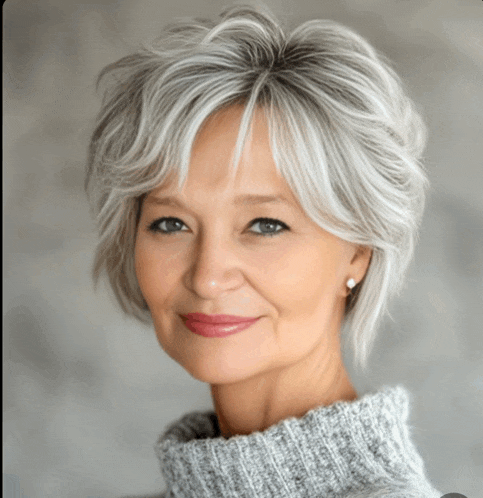 a woman with short gray hair is wearing a gray sweater