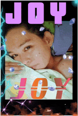 a picture of a woman laying in bed with the word joy above her