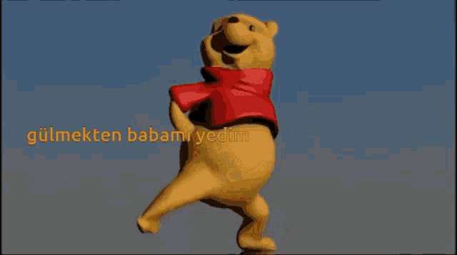 a winnie the pooh bear with a red shirt and the words gülmekten babam vedim on the bottom