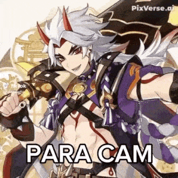 a man with horns and a sword is holding a sword in his hand and says `` para cam '' .