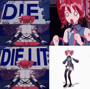 a girl is standing in front of a sign that says " die lit "