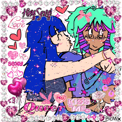 a cartoon drawing of two girls kissing with the words hey sexy love and queen kiss me