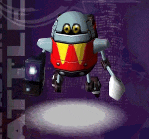 a cartoon robot with a purple background is flying