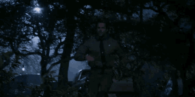 a man in a green shirt and tie is walking through a dark forest