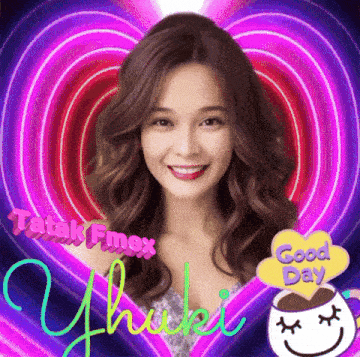 a picture of a woman in front of a heart with the words good day on it