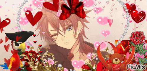 a picture of a boy surrounded by hearts and a teddy bear that says " i love you "