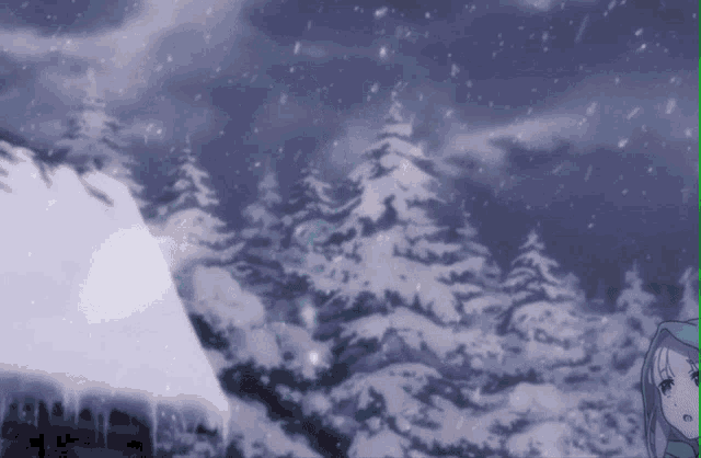 a snowy scene with trees and icicles and a girl in the foreground