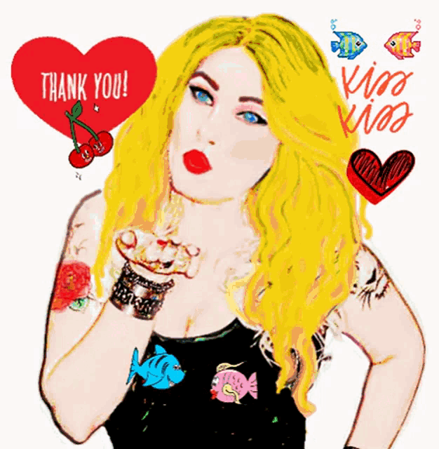 a woman blowing a kiss in front of a red heart that says " thank you "