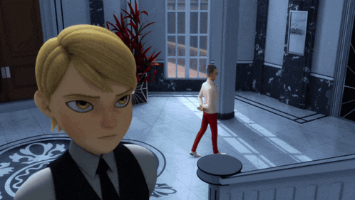 a man in a white shirt and red pants is walking in a room