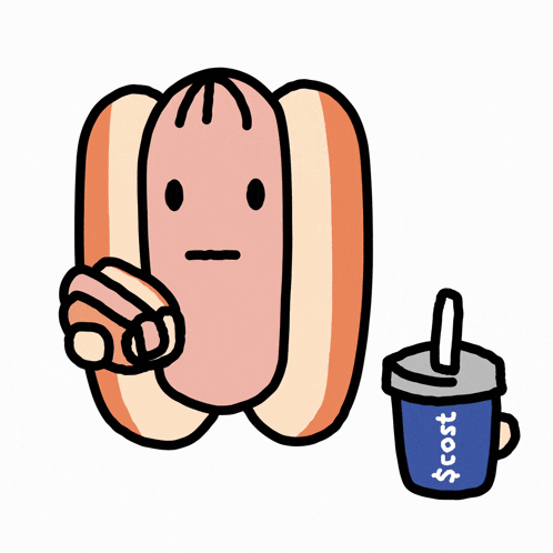 a cartoon drawing of a hot dog eating a sandwich next to a cup that says $ cost