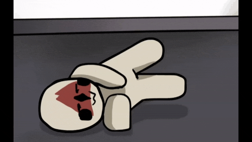 a cartoon character is laying on its back with a red arrow pointing to its face