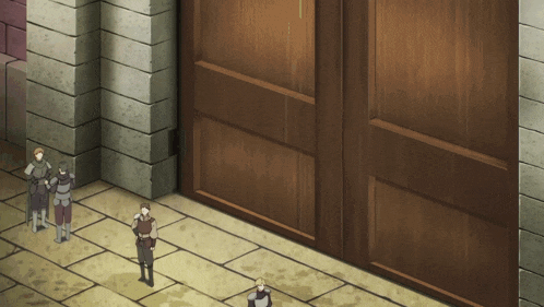 a group of men are standing in front of a large wooden door