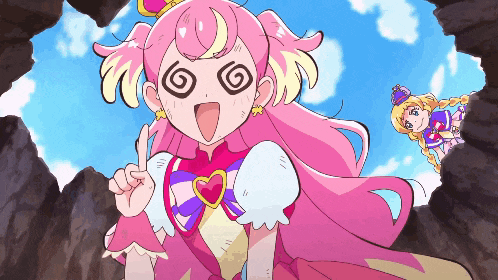 a girl with pink hair has a swirl around her eye