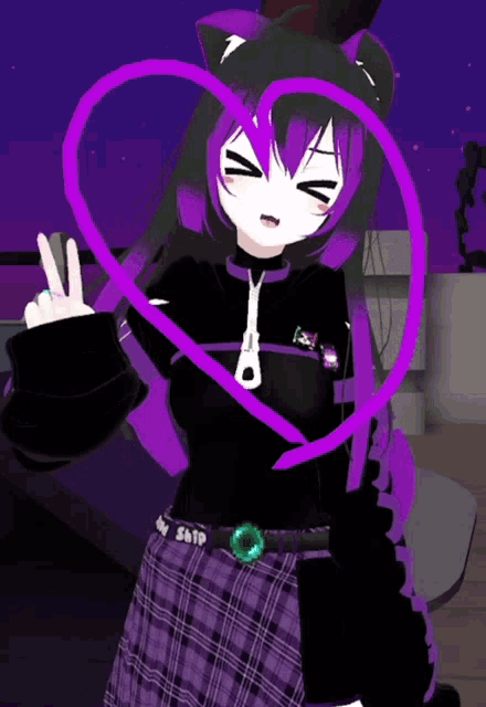 a girl with purple hair is wearing a black shirt and purple skirt