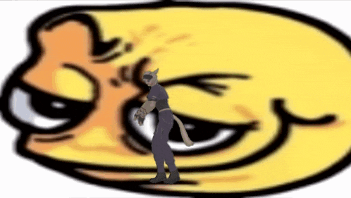 a cartoon character is standing in front of a yellow face