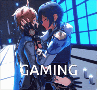 a couple of anime characters hugging with the word gaming in the background