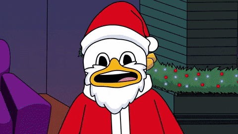 a cartoon of santa giving a pink rose to a woman