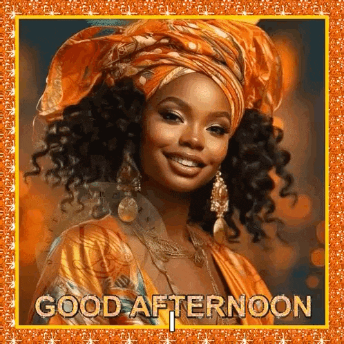 a woman wearing a turban and earrings is smiling with the words `` good afternoon '' .