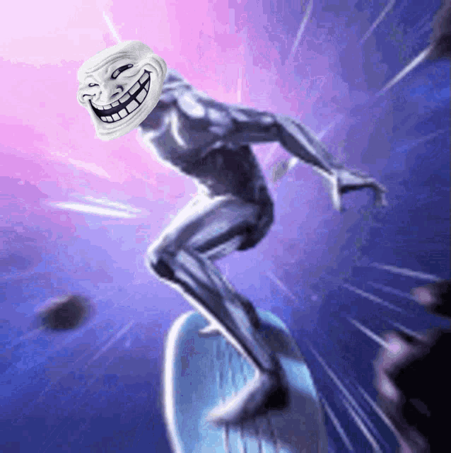 a troll is riding a surfboard with a pink background