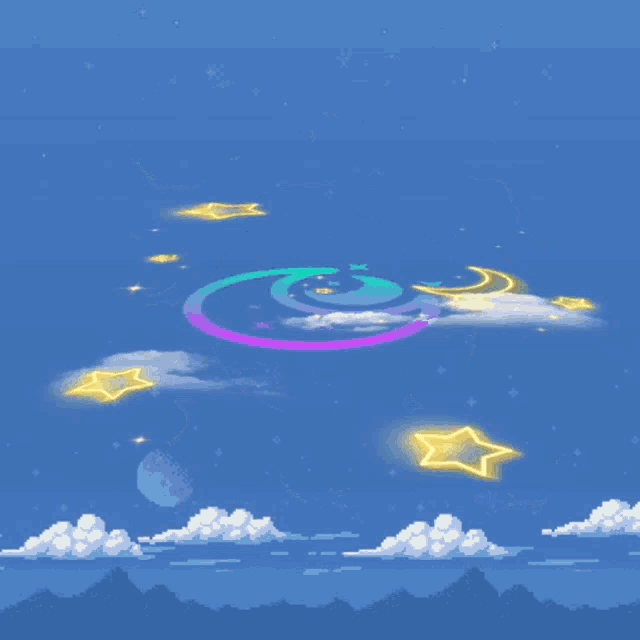 a pixel art of a crescent moon and stars