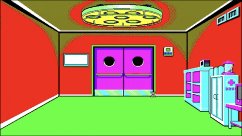 a cartoon drawing of a room with a sign that says drug