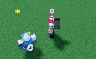 a couple of cartoon characters standing next to each other on a grassy field .