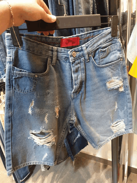a person is holding a pair of ripped shorts