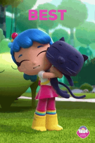 a cartoon girl with blue hair is hugging a black cat with the word best written on it