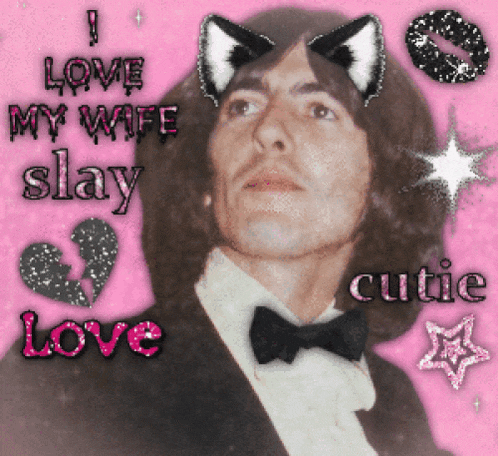 a man in a tuxedo has cat ears on his head and says " i love my wife slay cutie love "