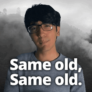 a man with glasses and the words same old same old on the bottom
