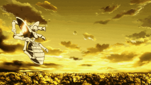 a cartoon drawing of a robot flying over a field of yellow flowers