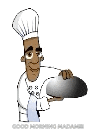 a cartoon chef is holding a tray of food and a pan .