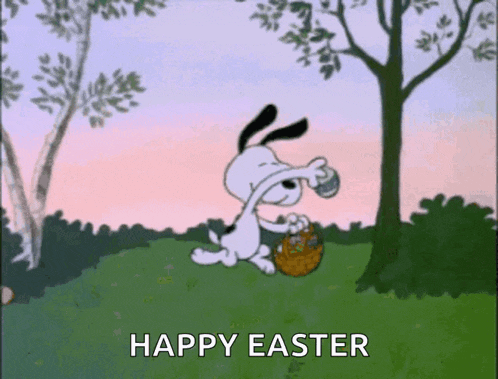 a cartoon of snoopy holding a basket of easter eggs with the words happy easter below him