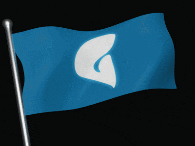 a blue flag with a white g logo on it